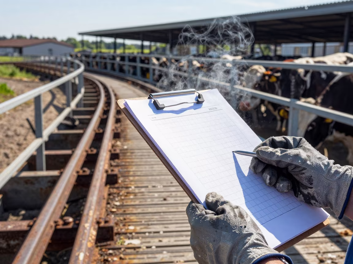 Alsace Stockyard Clipboard Counting Calves at Noon in at a stockyard loading ramp in Alsace