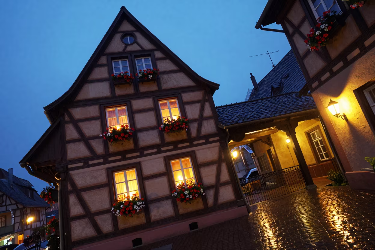 Alsatian Half-Timbered House in Atrium Drizzle in inside a vaulted atrium near Aktau
