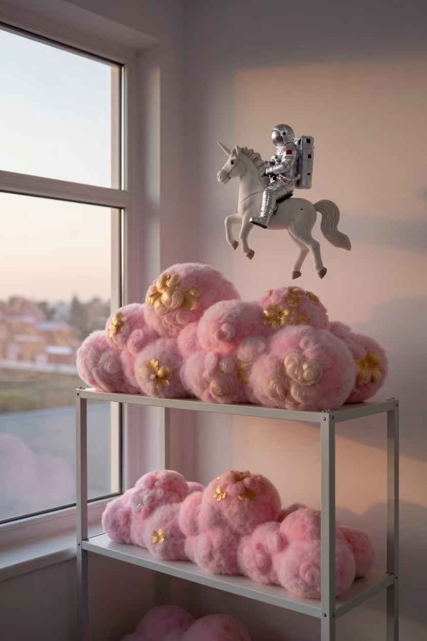 Alto Cumulus Sunset Shelf with Astronaut Unicorn in on a workshop shelf near Swabi