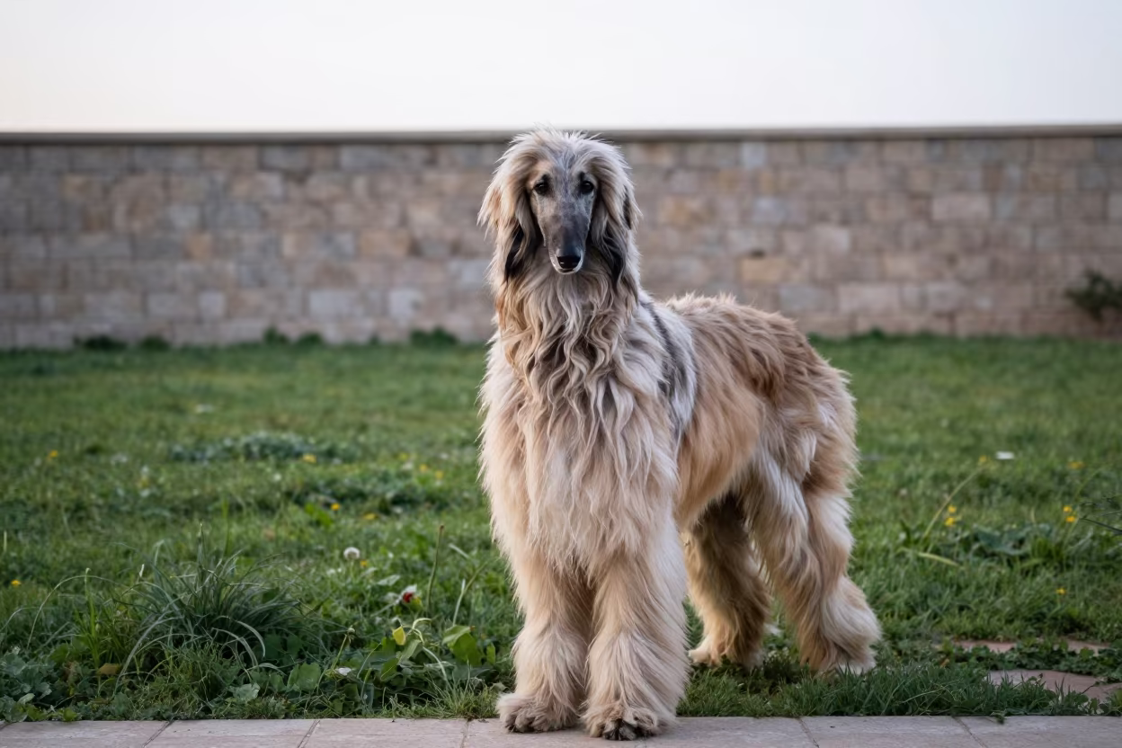 Amarah Afghan Hound Morning Portrait in near a garden edge with soft morning light and an uncluttered background in Amarah