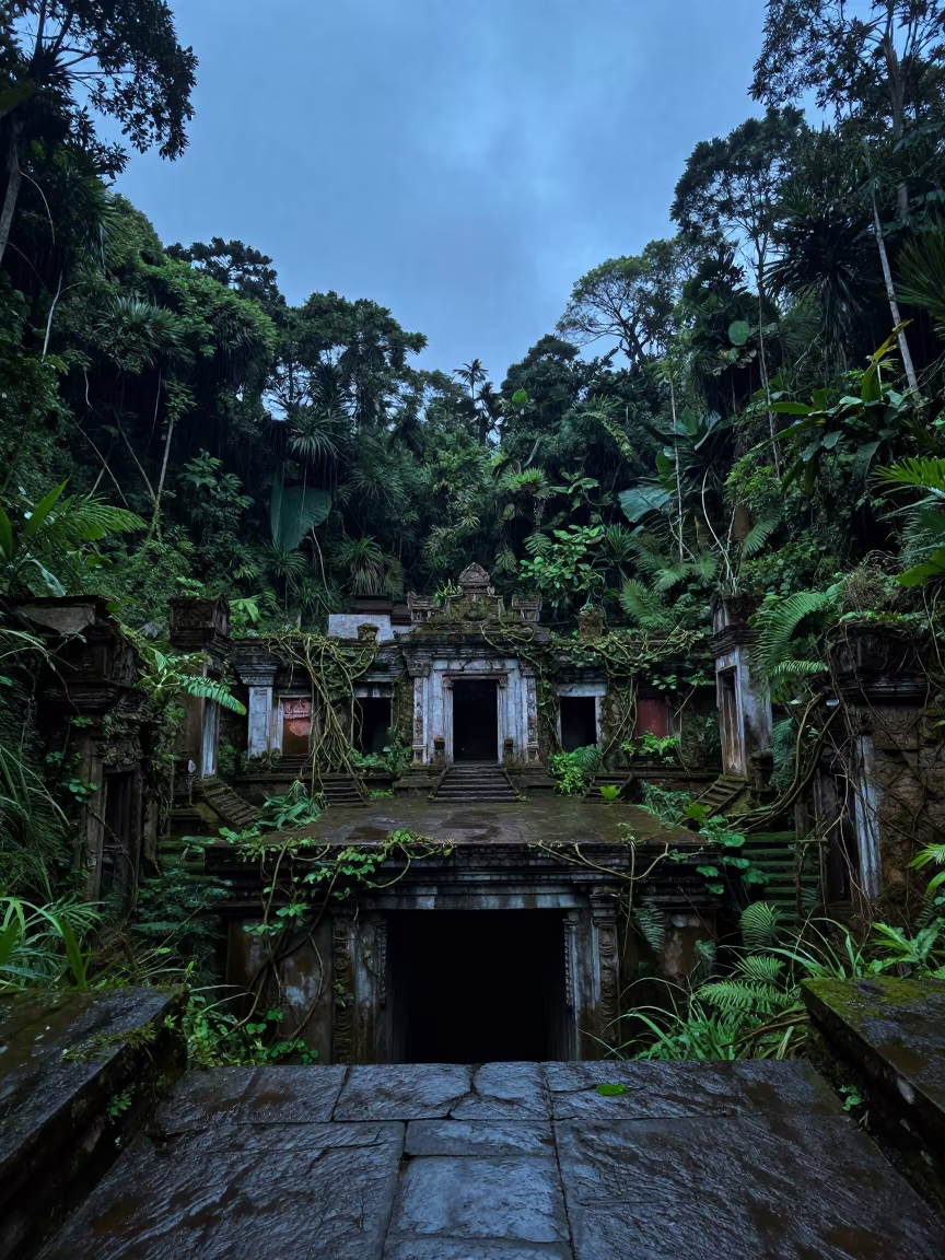 Amazon Mine Entrance Monsoon Evening Ruin in through an abandoned ceremonial court in the Amazon