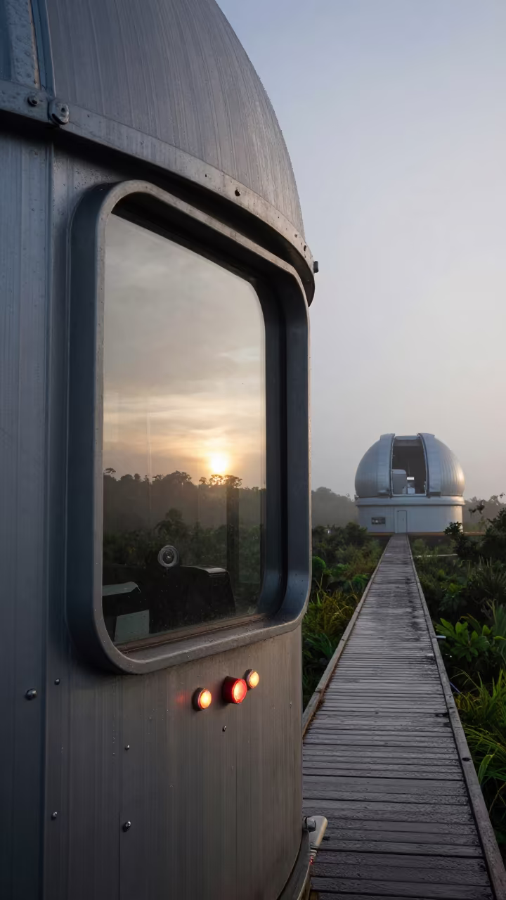 Amazon Observatory Dawn Reflection Radiotelescope Dish in beside an observatory dome in the Amazon