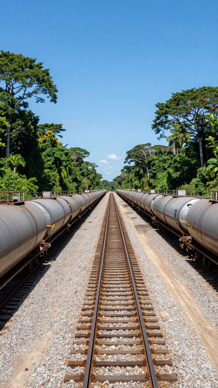 Amazon Rail Freight Yard Tank Cars in along a switchback approach in the Amazon