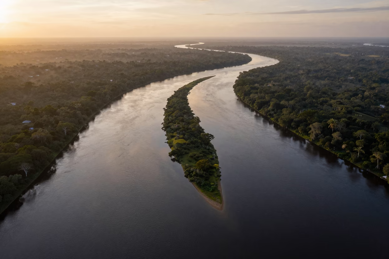 Amazon River Bend Sunset Aerial View in high above braided river channels in Amazonas