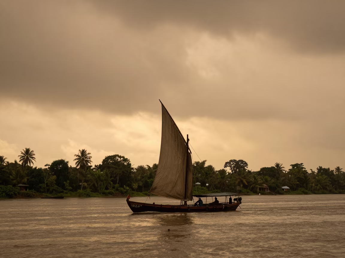 Amazon River Dhow Sails Sunset Ferry Crossing in across a remote ferry crossing in Amazonas