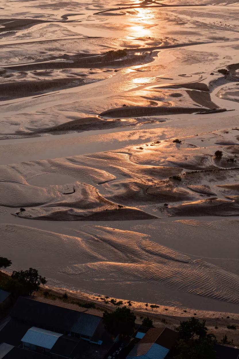 Amazonian Tidal Flats Copper Light Aerial in high above patterned rooftops in Amazonas