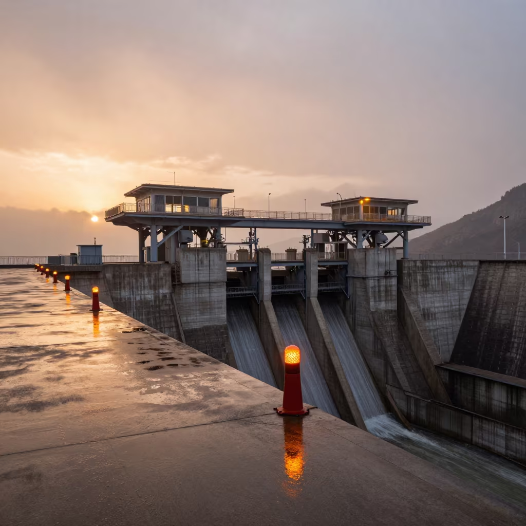 Amber Beacons on Dam Deck at Sunset in beside a hydroelectric intake in Bishkek
