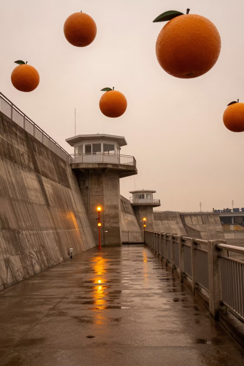 Amber Beacons and Floating Fruit Over Lanzhou Dam in along a dam spillway near Lanzhou
