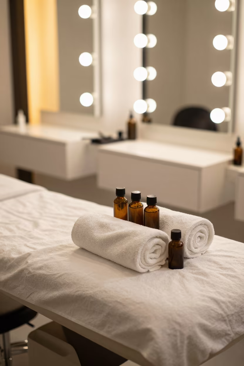 Amber Bottles and Towels at Delhi Barber Station in at a barber station beneath mirror bulbs in Delhi