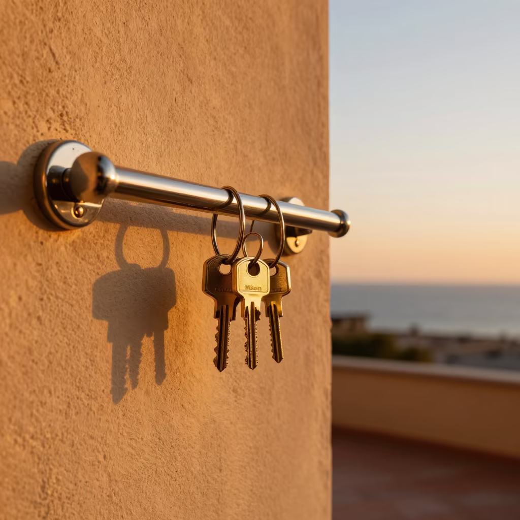 Amber Cabana Key Hook Rail Golden Hour in on a lodge terrace above the valley near Barcelona