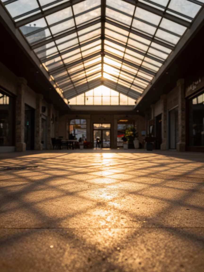 Amber Chain-Link Fence Shadow Pattern Sunset in inside a glass-roofed arcade in Isparta