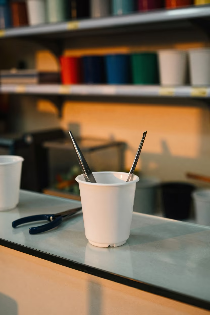 Amber Checkout Aquascape Tool Cup Dhaka in at a checkout lane under flat store light in Dhaka