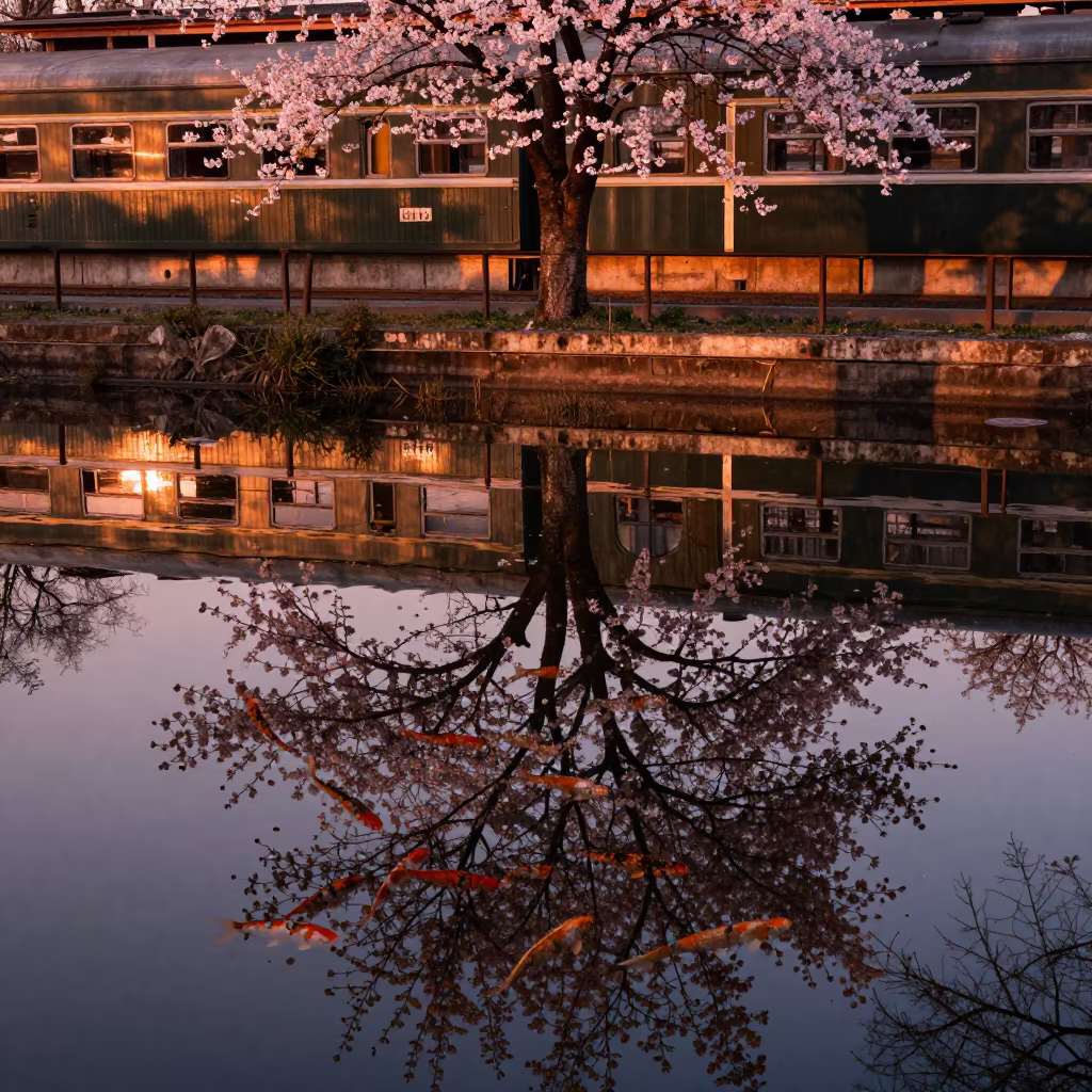 Amber Cherry Blossom Reflections Zaria Terminal Pond in inside a restored train terminal in Zaria