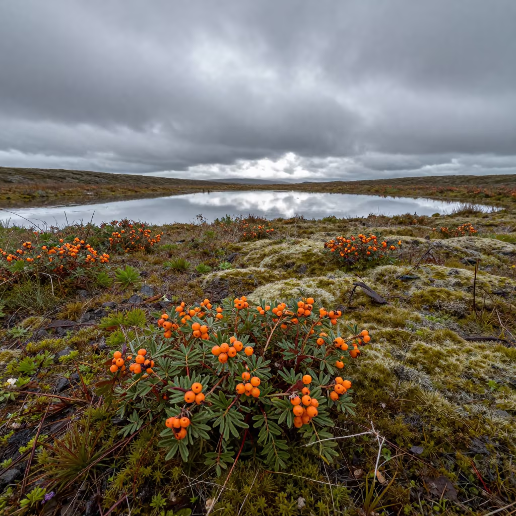 Amber Cloudberry Fruit on Wet Tundra Moss in across a floodplain after rain in Gujarat