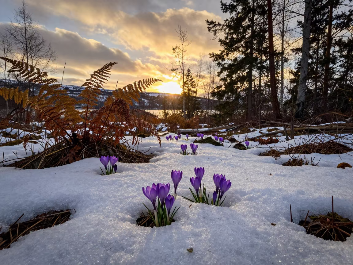 Amber Crocuses Bloom Through Snow in Oslo Forest in on a fern-lined forest floor near Oslo