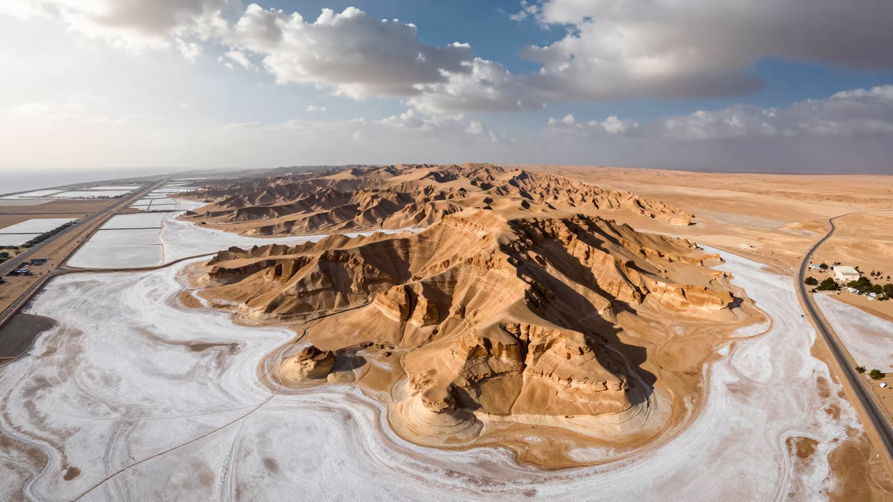 Amber Desert Mesa Over Salt Ponds Near Jeddah in high over salt ponds and causeways near Jeddah