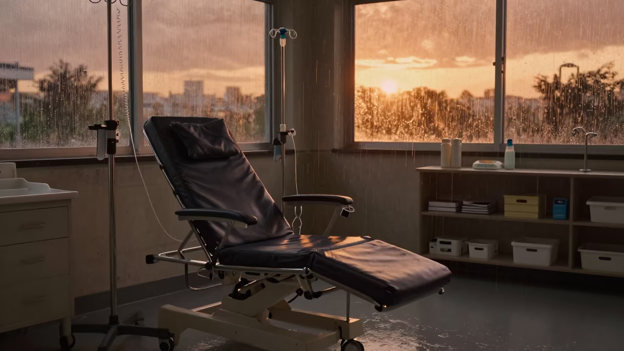 Amber Dialysis Bay Rain Monsoon Surreal in inside a prep corridor with organized storage near Ibb