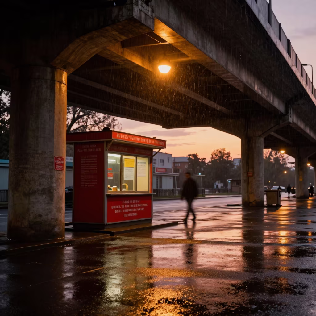 Amber Drizzle Under Urumqi Underpass in beneath a flickering underpass light in Urumqi