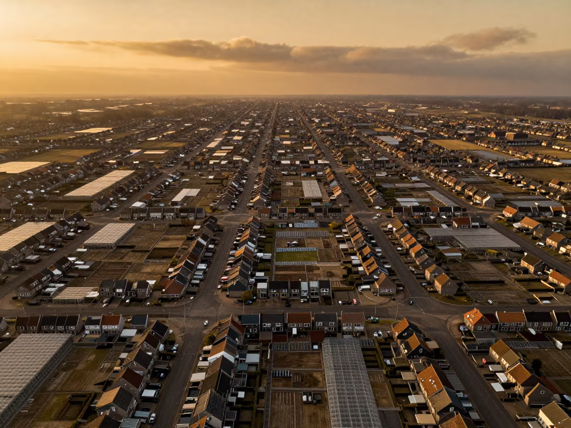 Amber Dutch Cul-de-sac Grid Aerial View in high over greenhouse grids in Netherlands