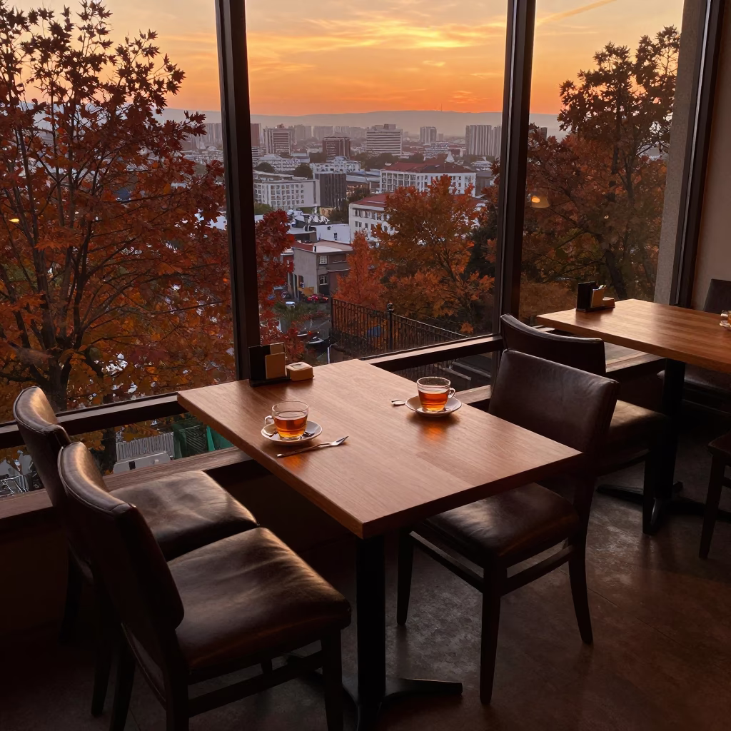 Amber Equinox Sunset Over Rustavi Cafe Table in on a cafe table by a window near Rustavi