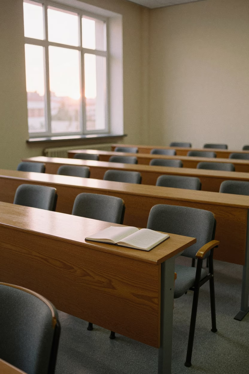 Amber Evening Light in Lodz Lecture Hall in in a lecture hall before the crowd arrives in Lodz
