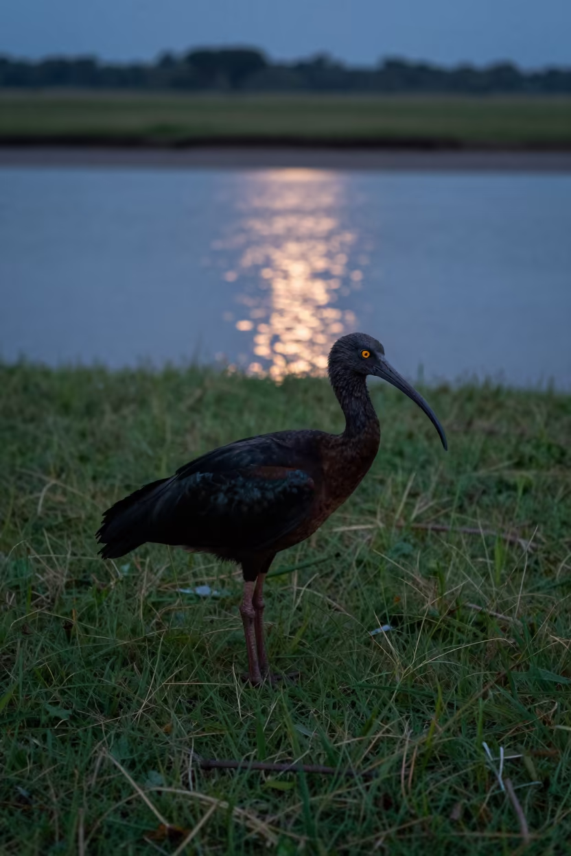 Amber-Eyed Ibis in Twilight Meadow Grass in beside a tidal inlet near Nyala
