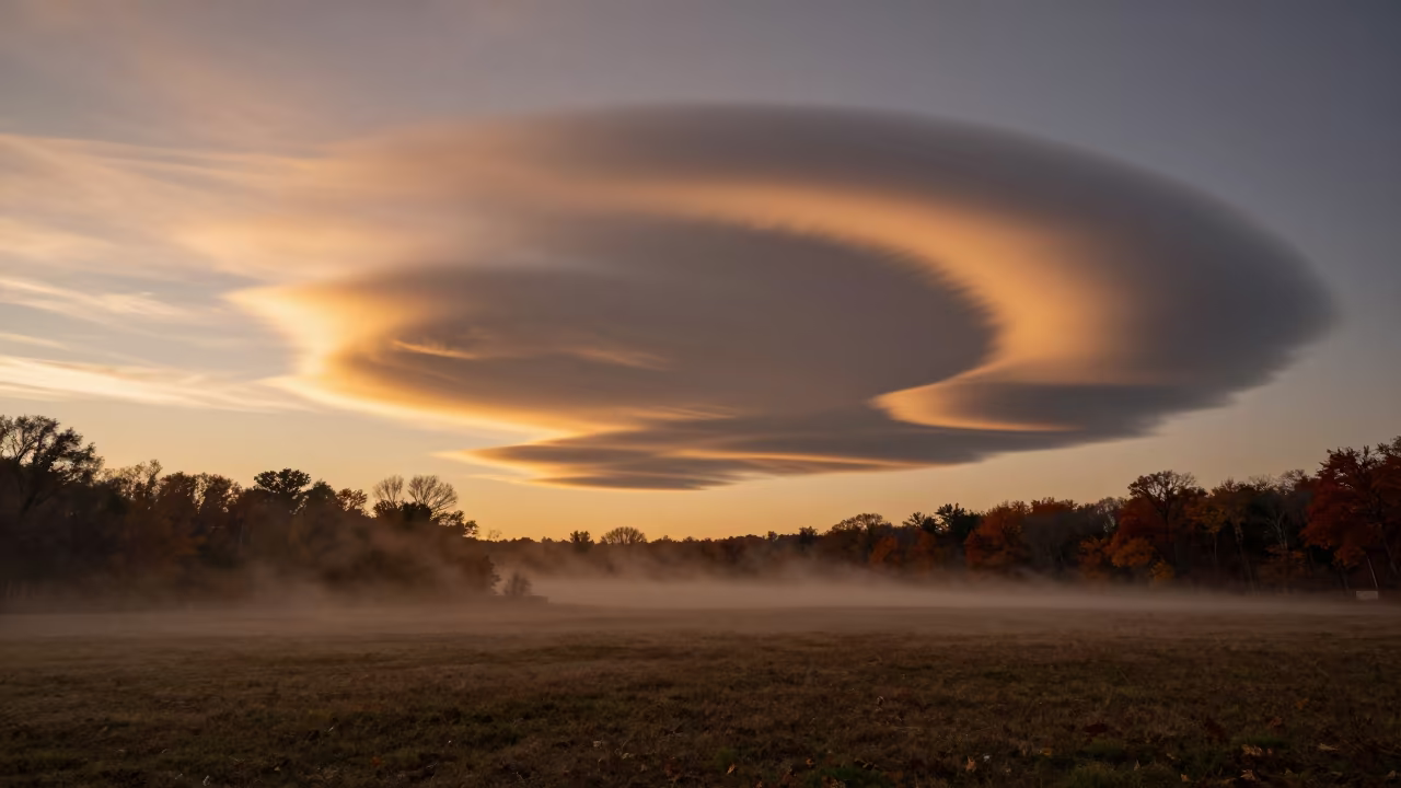 Amber Fallstreak Hole Cloud Gap Connecticut Autumn in beneath fast-moving cloud bands in Connecticut