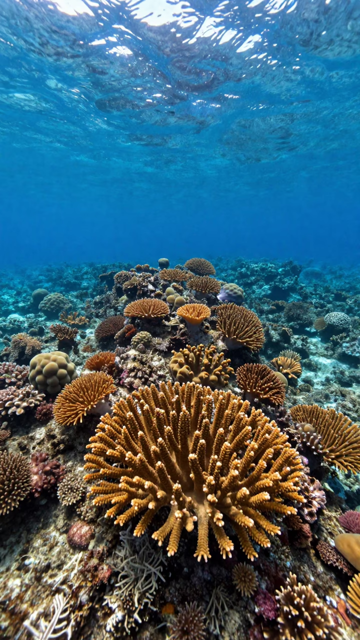 Amber Fire Coral Reef Crest Belize Midday in along a coral wall with blue water beyond near Belize City