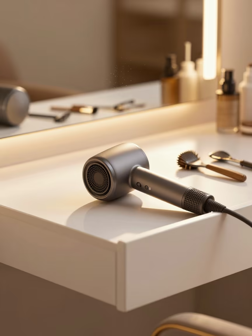 Amber Glow on Blow Dryer Nozzle Drawer in Pokhara Salon in in a beauty supply area under white LEDs in Pokhara