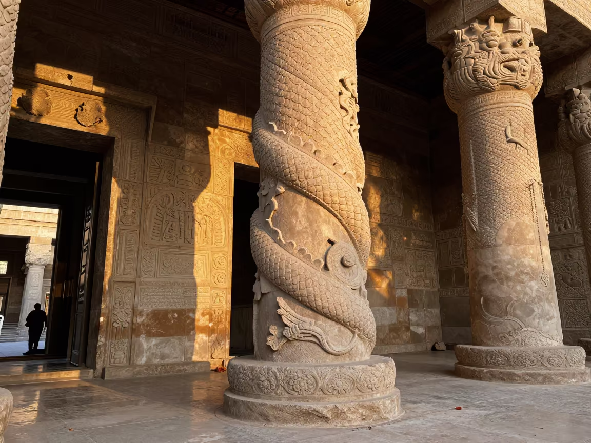 Amber Glow on Carved Dragon Pillar in Port Said Temple in inside a candlelit nave in Port Said