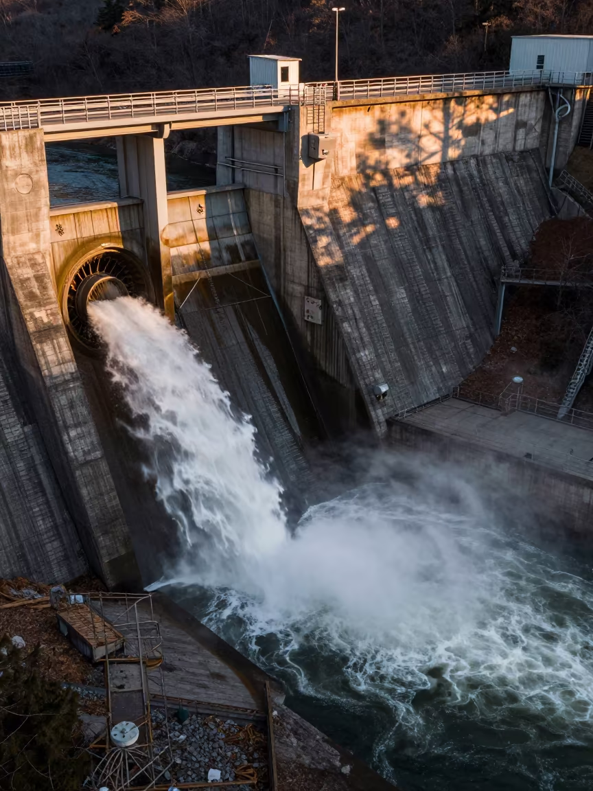 Amber Glow on Hydro Dam Spillways in above a spillway chute with spray rising in New Hampshire