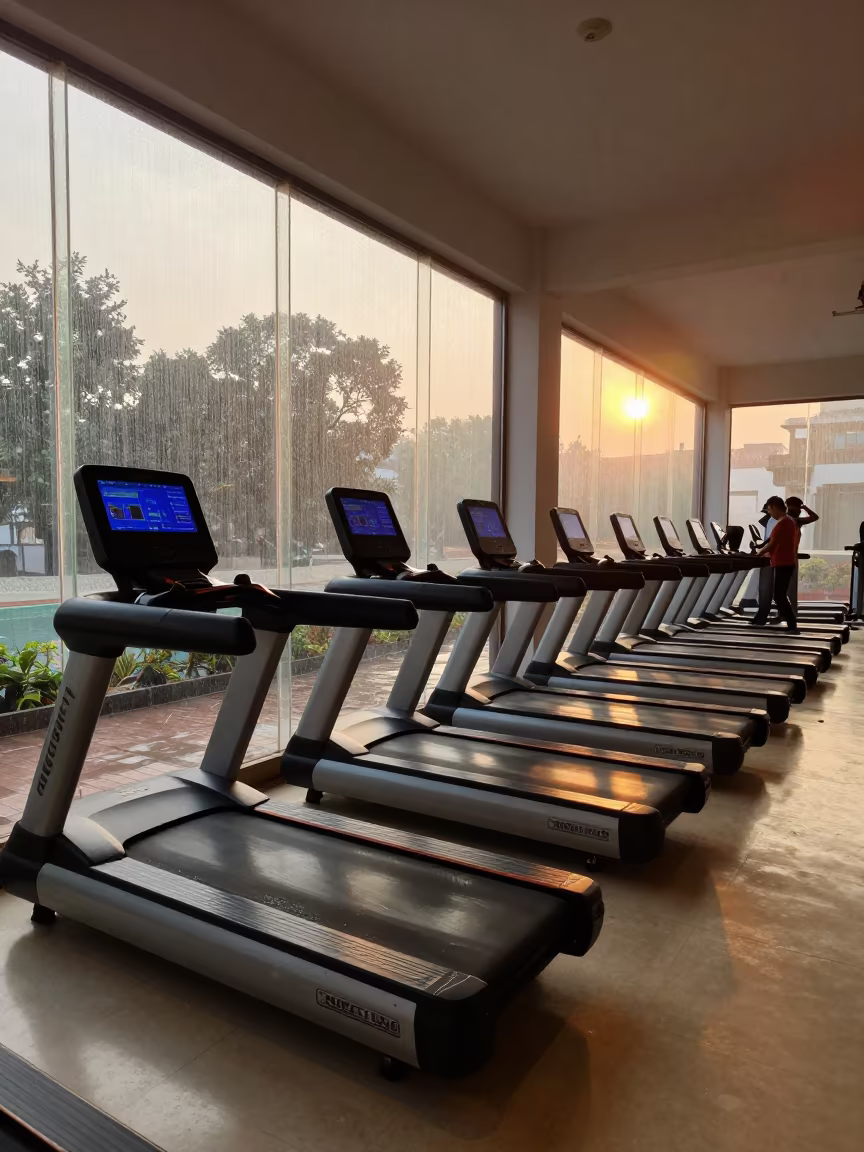 Amber Glow on Treadmill Consoles in Jodhpur Gym in along a row of machines in a bright gym near Jodhpur