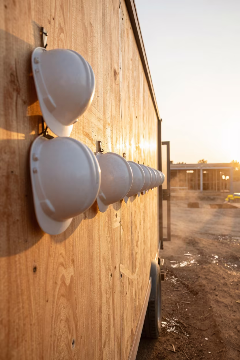 Amber Hard Hats on Plywood in Lesotho in beside a framed building shell in Lesotho