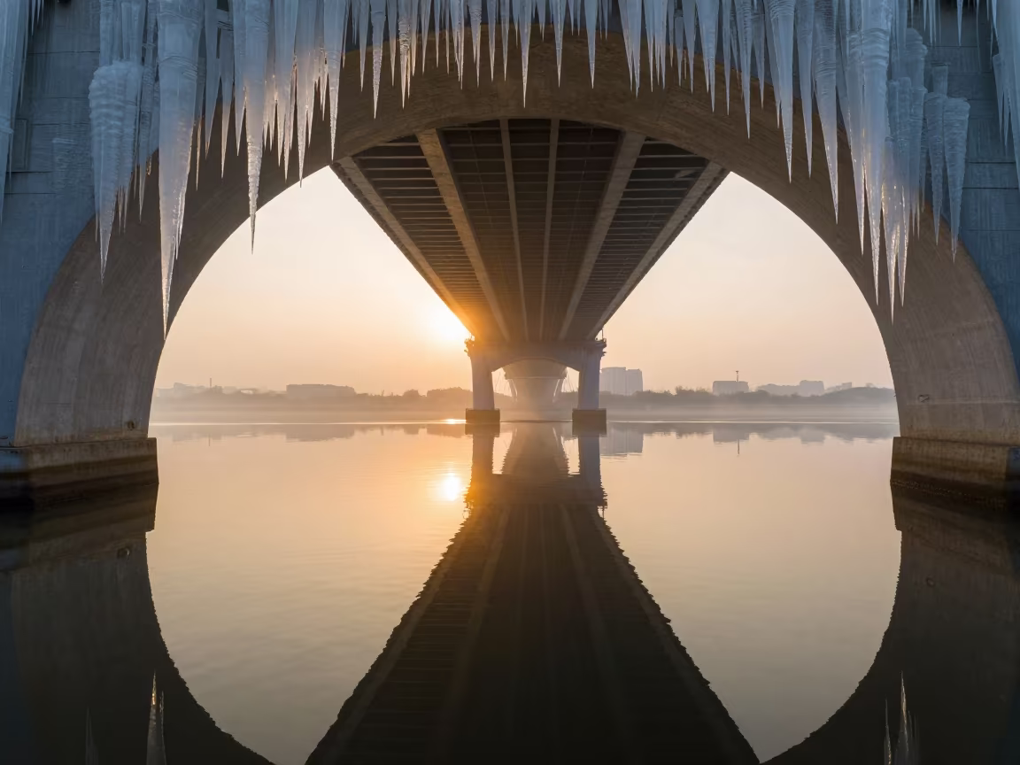 Amber Icicles Frame Bridge Tunnel Portal Water in under a cable-stayed bridge span near Jing'an, Shanghai