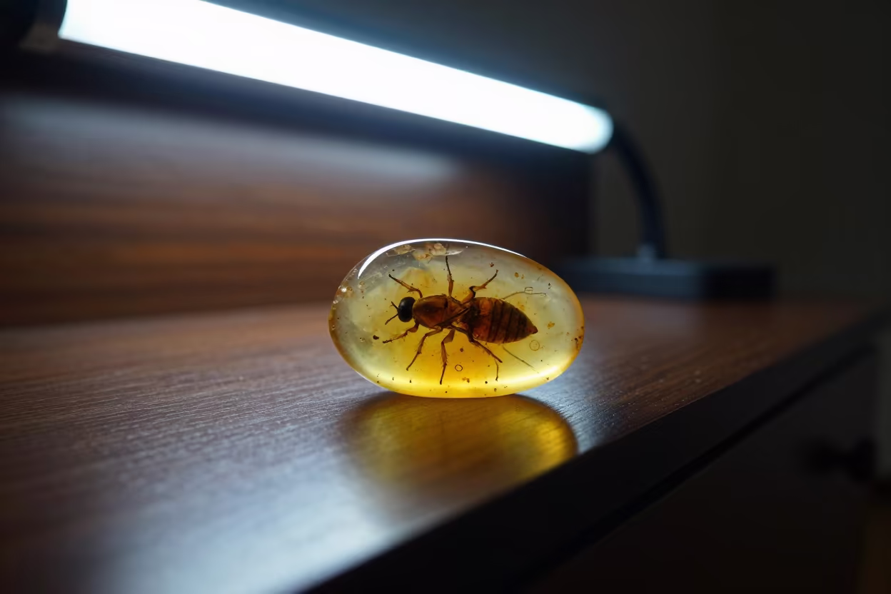 Amber Insect Specimen on Daegu Hotel Dresser in on a hotel dresser in Daegu