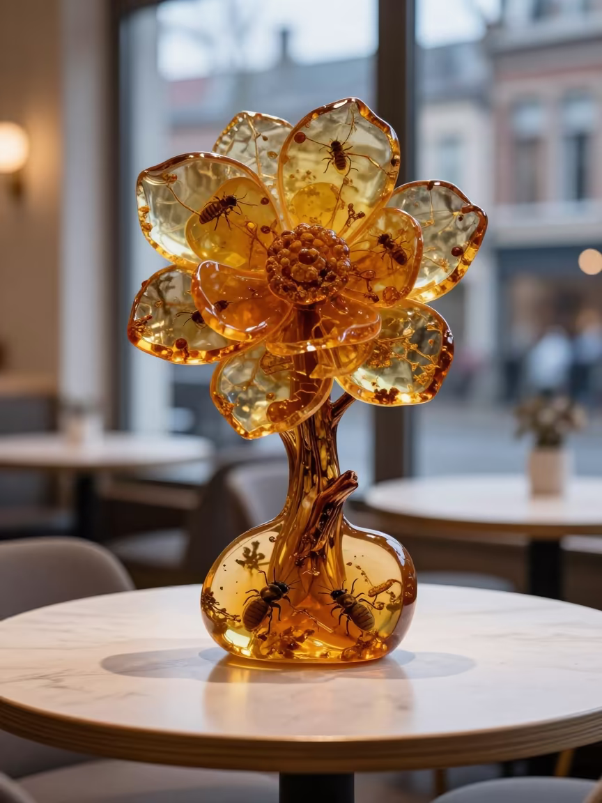 Amber Insect with Giant Flower in Liège Cafe in on a cafe table by a window in Liège