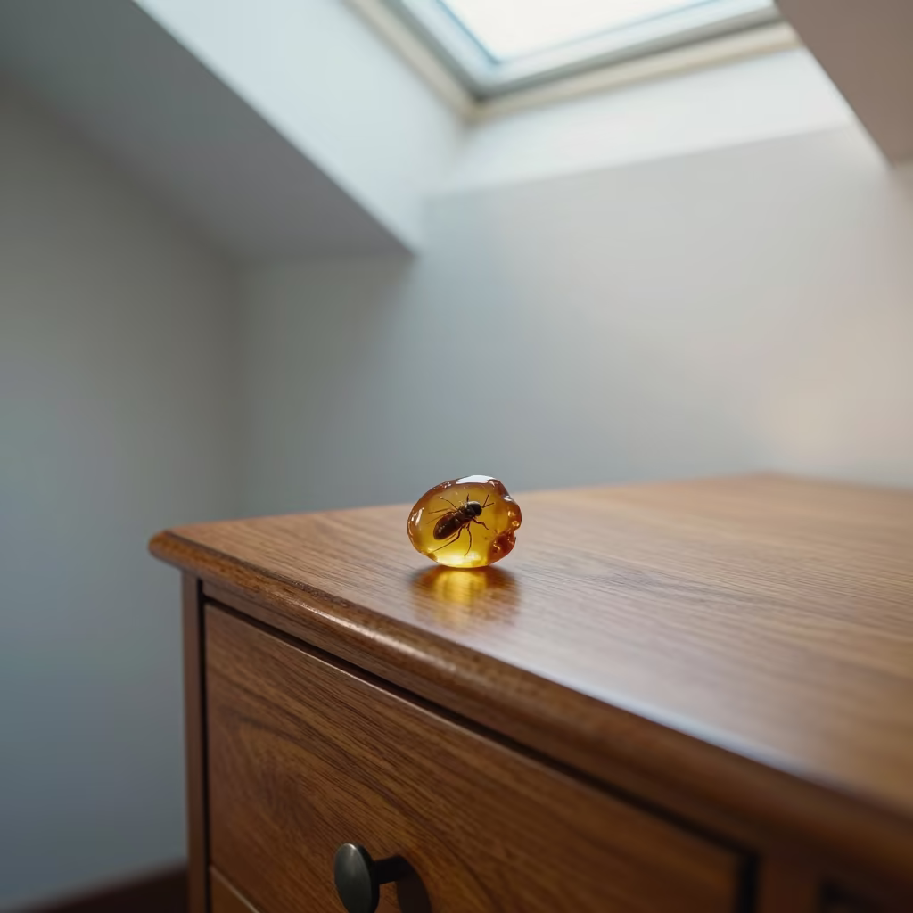 Amber Insect Specimen on Hotel Dresser in on a hotel dresser near Mwanza