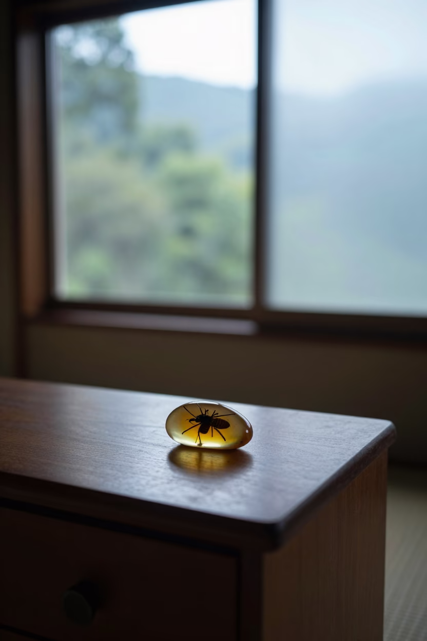 Amber Insect Specimen Kamakura Dawn Light in on a bedside table near Kamakura