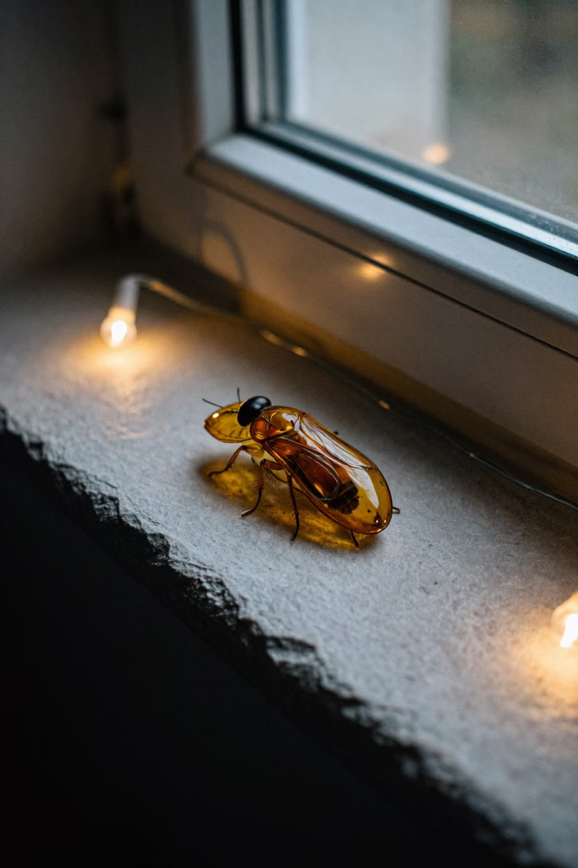 Amber Insect Specimen Night Glow Essen in on a stone ledge near Essen