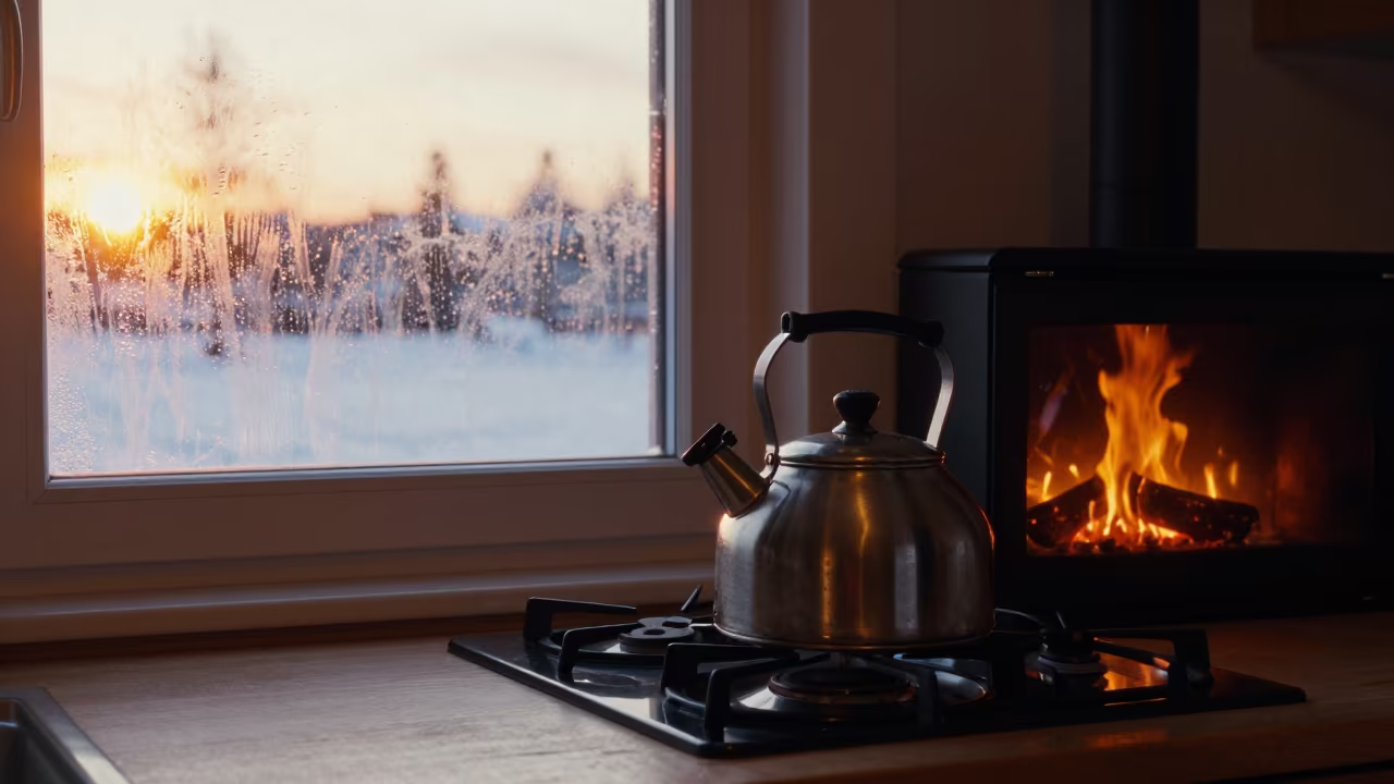 Amber Kettle on Stove Near Winter Fireplace in by a crackling fireplace near Stockholm