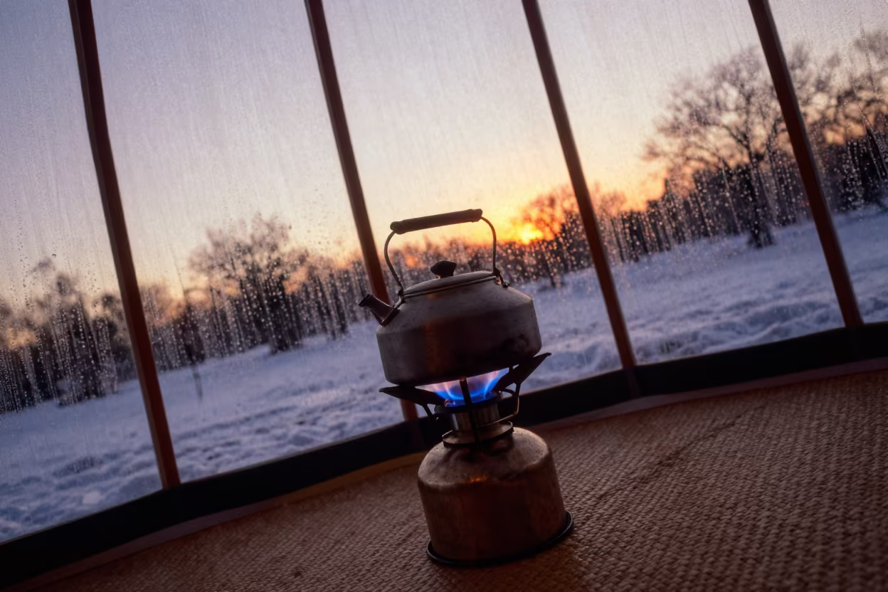 Amber Kettle on Stove in Winter Yurt in inside a glass-roofed arcade in Nuevo Laredo