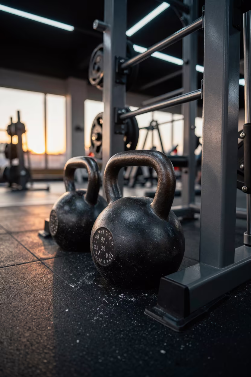 Amber Kettlebell Rack Before Class in inside a barbell room under cool LEDs in Jinan