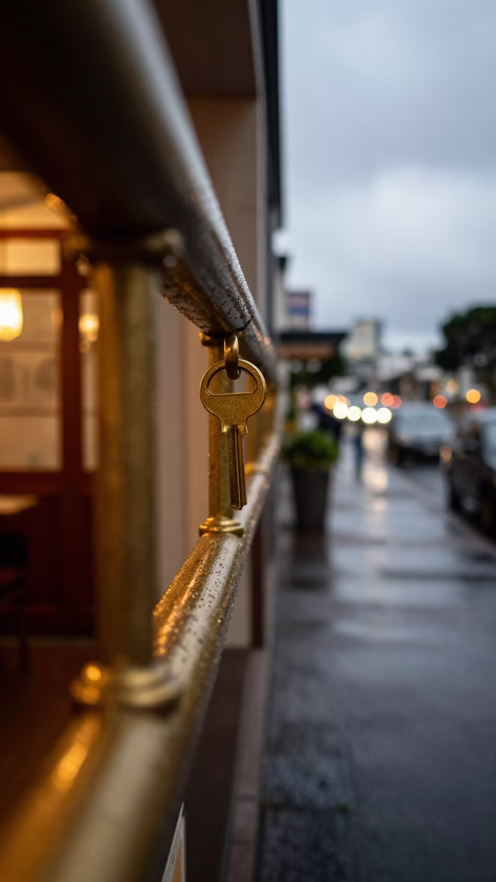 Amber Key Hook Rail Beside Wet Auckland Valet Stand in beside a valet stand after rain in Auckland