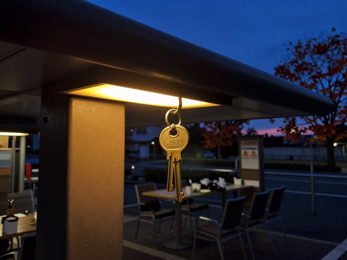 Amber Key Hook Rail Under Twilight at Fukuoka Arrival in beneath a porte cochere at arrival near Fukuoka