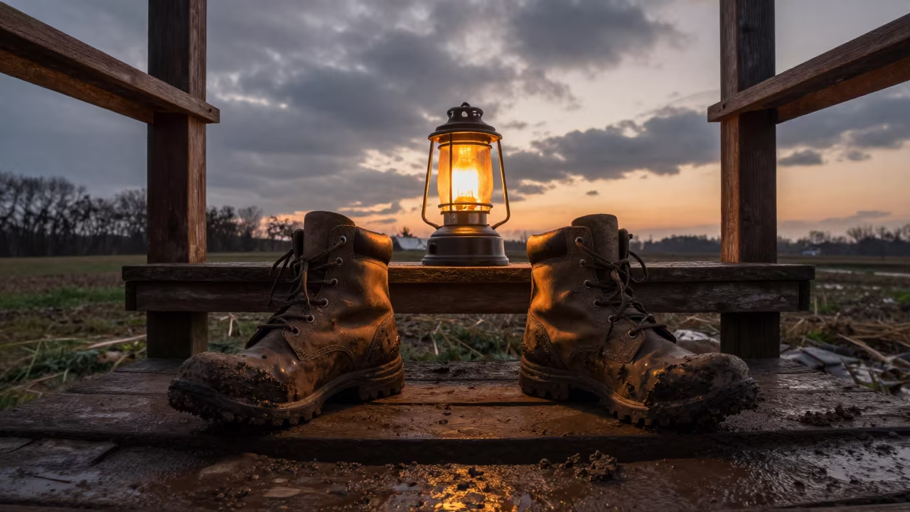 Amber Lamp Light on Muddy Boots at Field Station in at a remote field station near Hefei