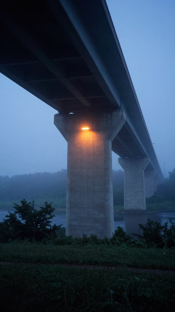 Amber Lamp on Viaduct Parapet in Blue Hour Mist in beneath a bridge span in Maryland