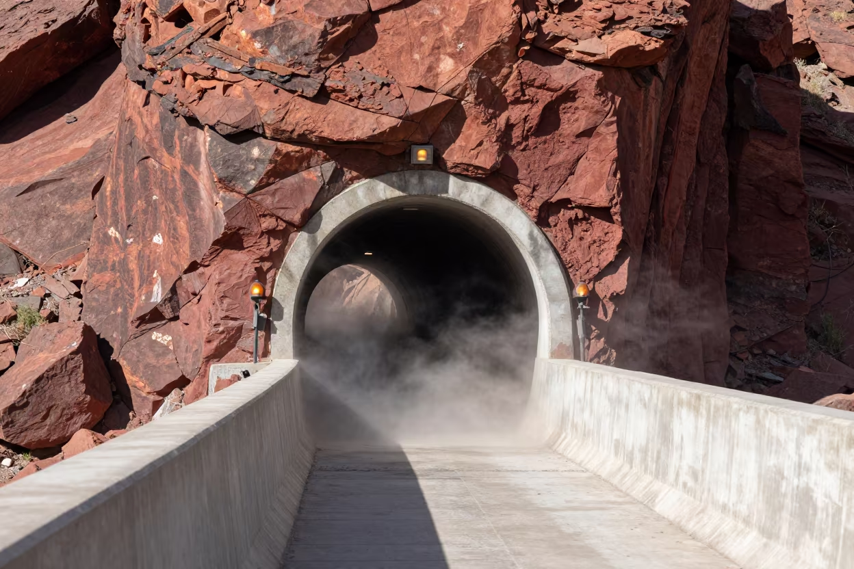 Amber Lamps in Red Rock Tunnel Portal in along a dam spillway in Armenia
