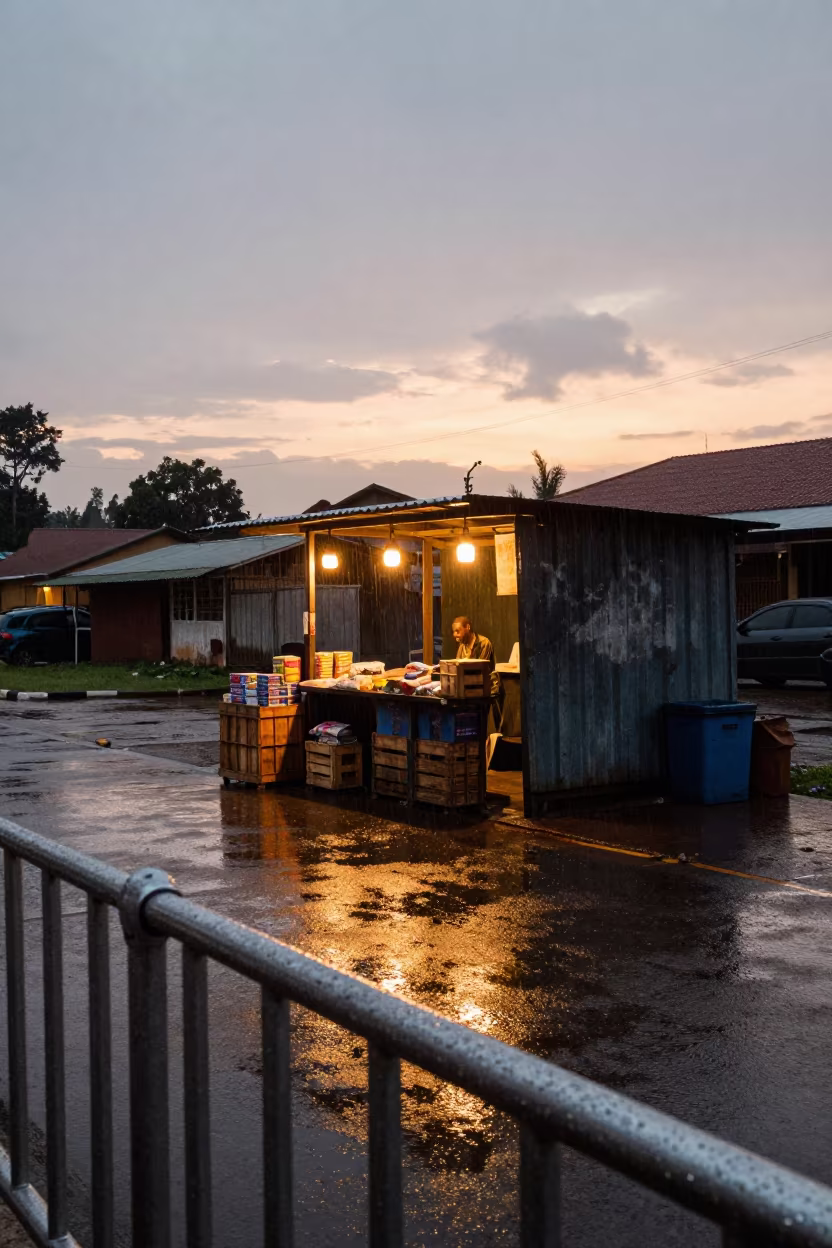 Amber Street Lantern Glow on Wet Kigali Pavement in by a rain-darkened kiosk in Kigali
