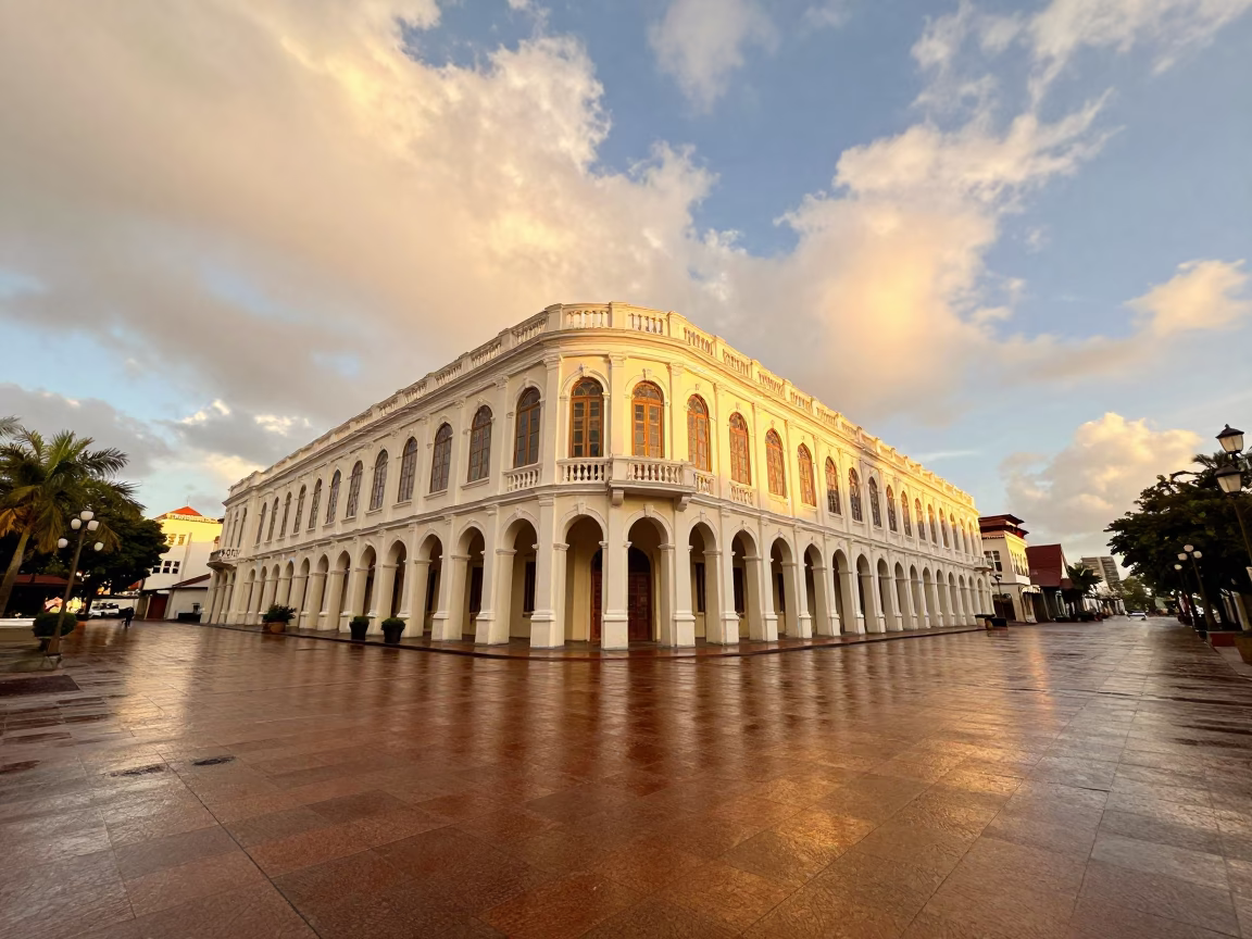 Amber Light on Archive Facade Low Angle in in a lantern-lined temple precinct near Willemstad