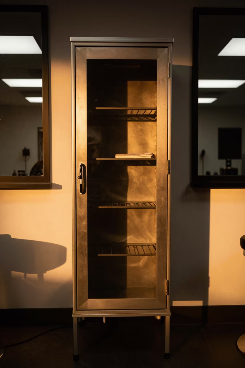 Amber Light Barber Cabinet Toledo in in a beauty supply area under white LEDs near Toledo